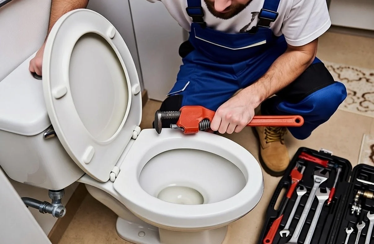 Plumber inspecting toilet flush components and seals