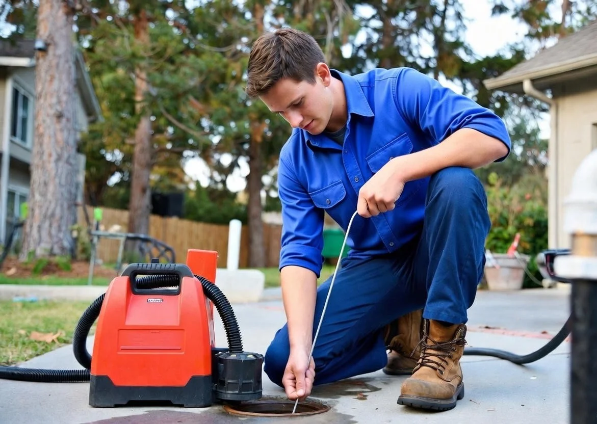 Plumber servicing clogged drain cleaning in a residential property